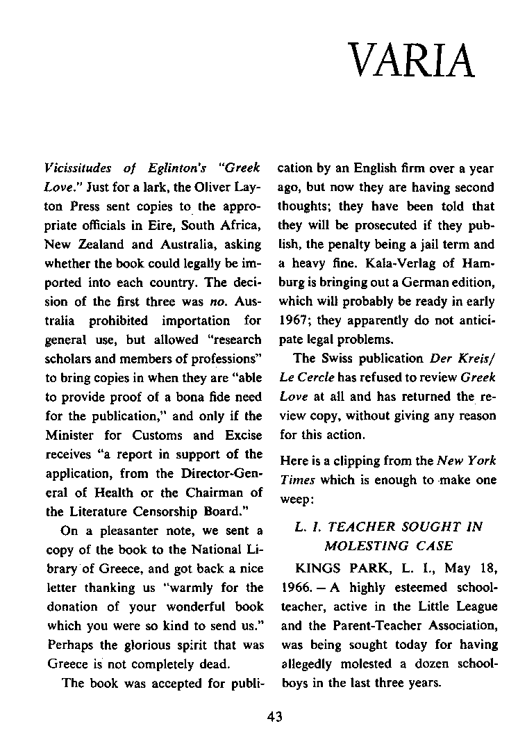 International Journal of Greek Love, Vol.1 No.2, 1966, page 43