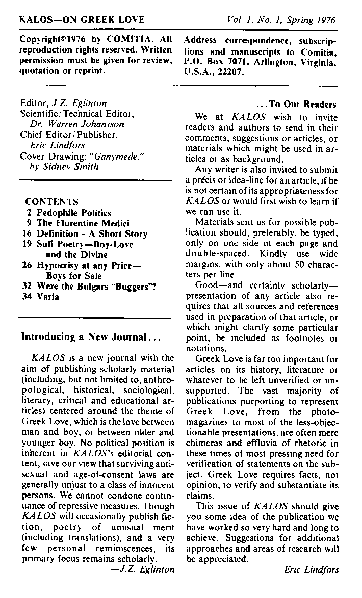Kalos - On Greek Love, Vol.1 No.1, 1976, page 1