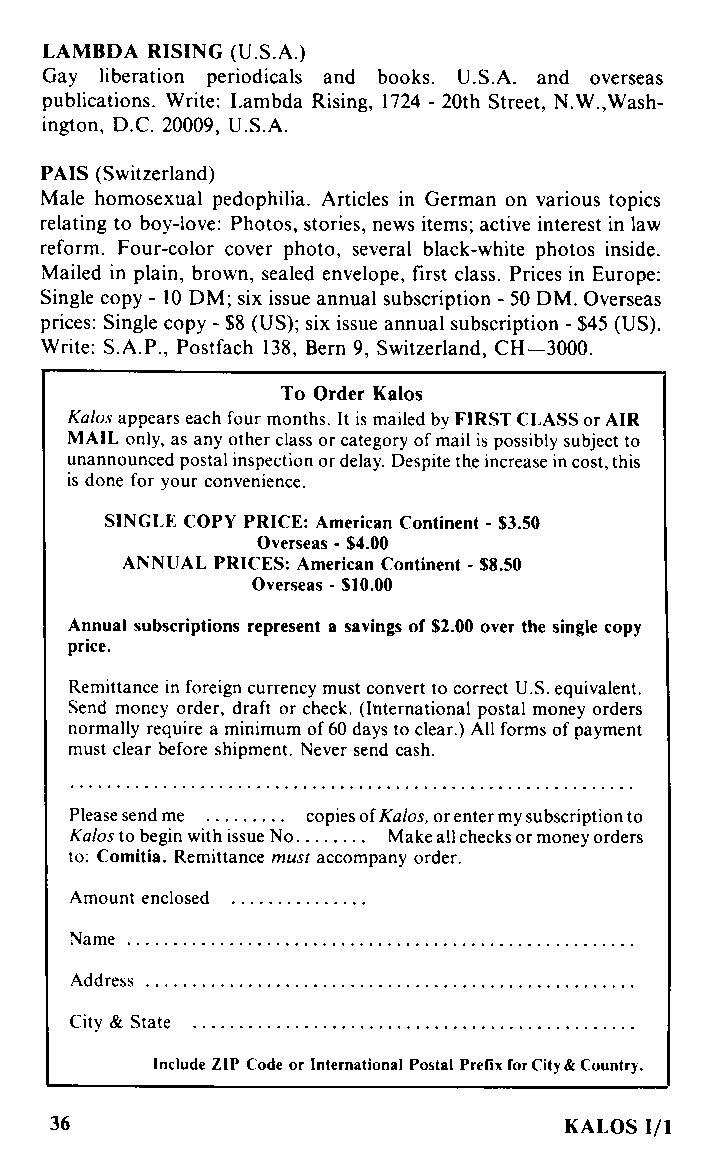 Kalos - On Greek Love, Vol.1 No.1, 1976, page 36