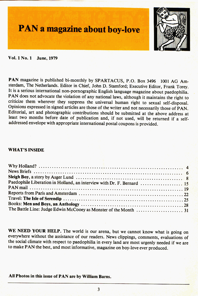 PAN - A Magazine About Boy-Love, Number 1 [Vol.1 No.1], June 1979, page 3