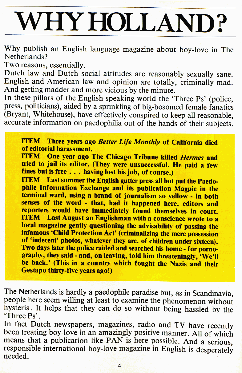 PAN - A Magazine About Boy-Love, Number 1 [Vol.1 No.1], June 1979, page 4
