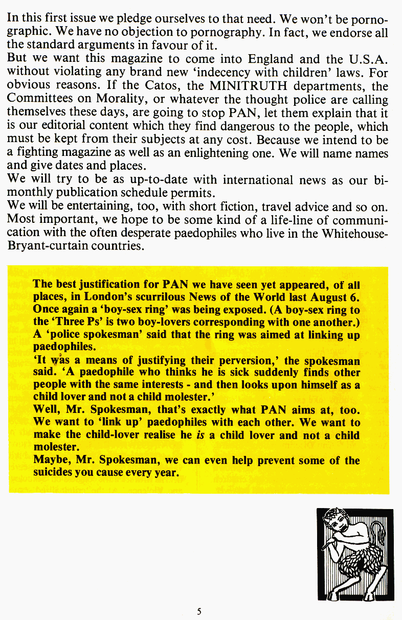 PAN - A Magazine About Boy-Love, Number 1 [Vol.1 No.1], June 1979, page 5
