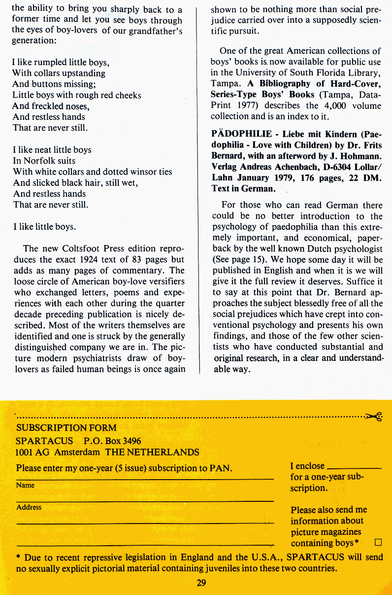 PAN - A Magazine About Boy-Love, Number 1 [Vol.1 No.1], June 1979, page 29