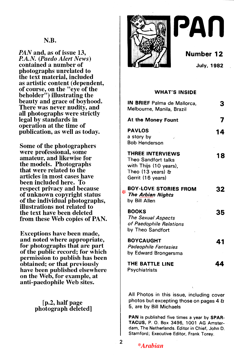 PAN - A Magazine About Boy-Love, Number 12, July 1982, page 2