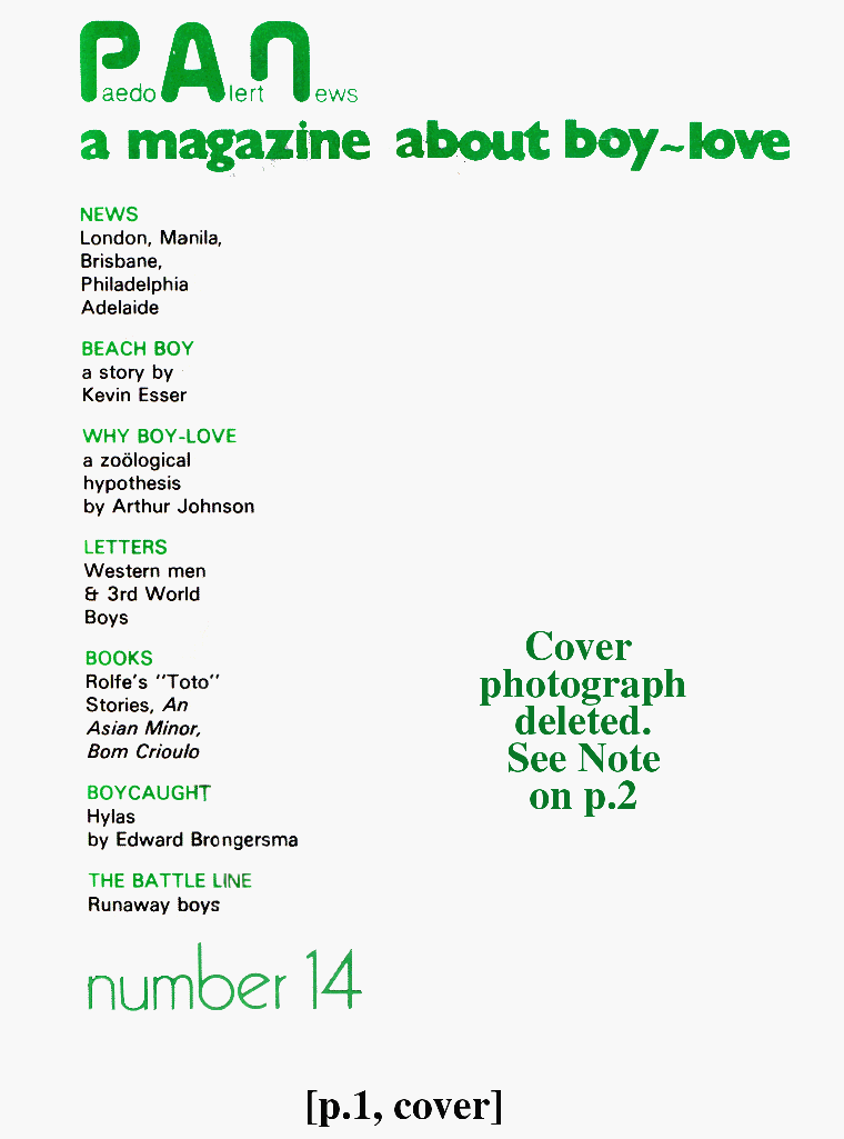 P.A.N. - Paedo Alert News, Number 14, December 1982, page 1