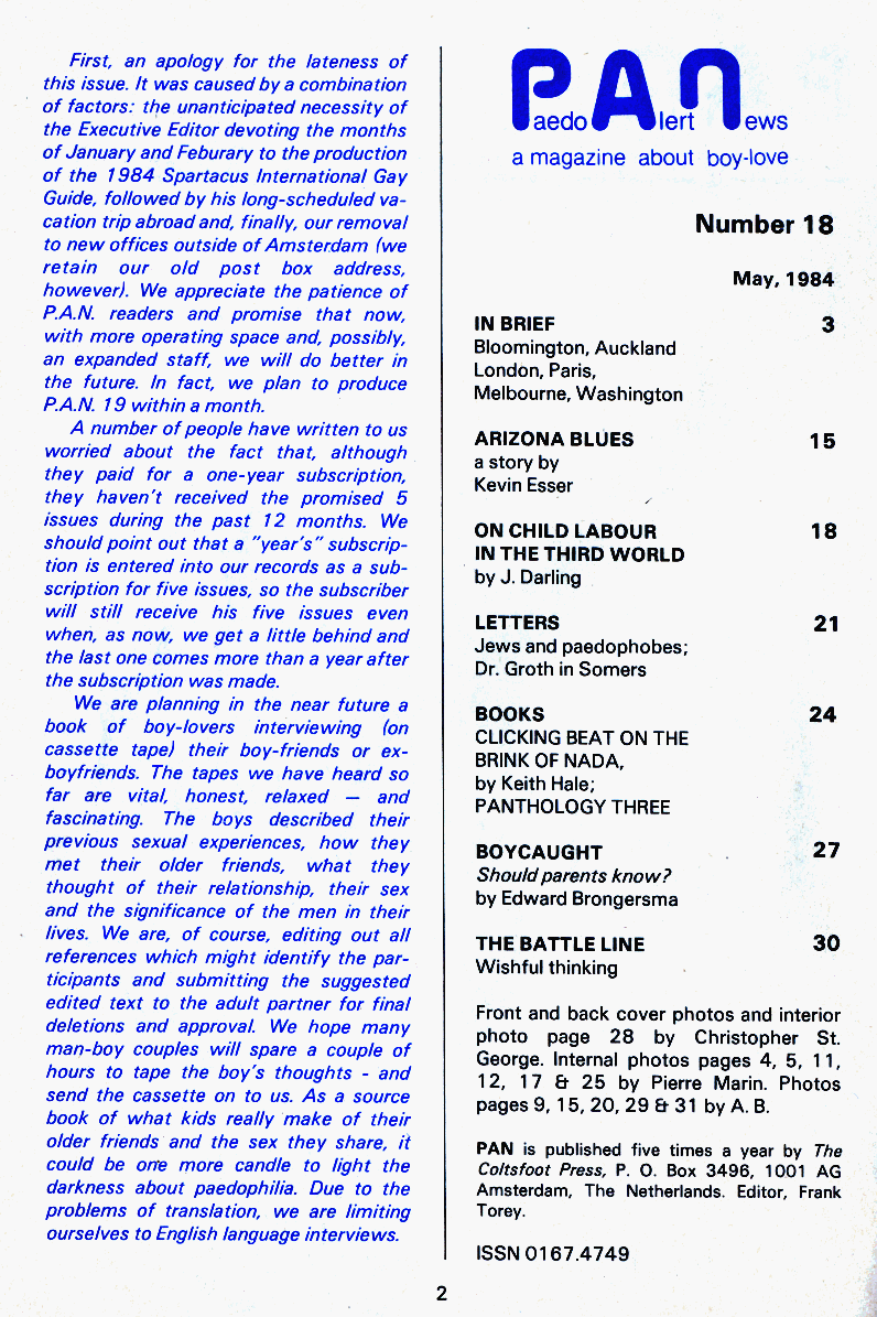 P.A.N. - Paedo Alert News, Number 18, May 1984, page 2