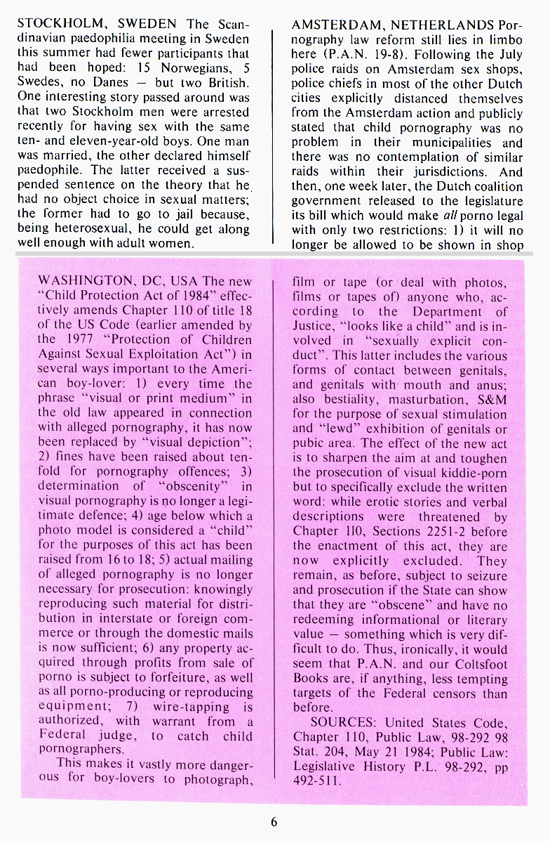 P.A.N. - Paedo Alert News, Number 20, October 1984, page 6