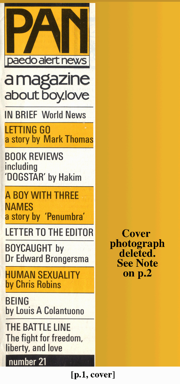 P.A.N. - Paedo Alert News, Number 21, December 1985, page 1