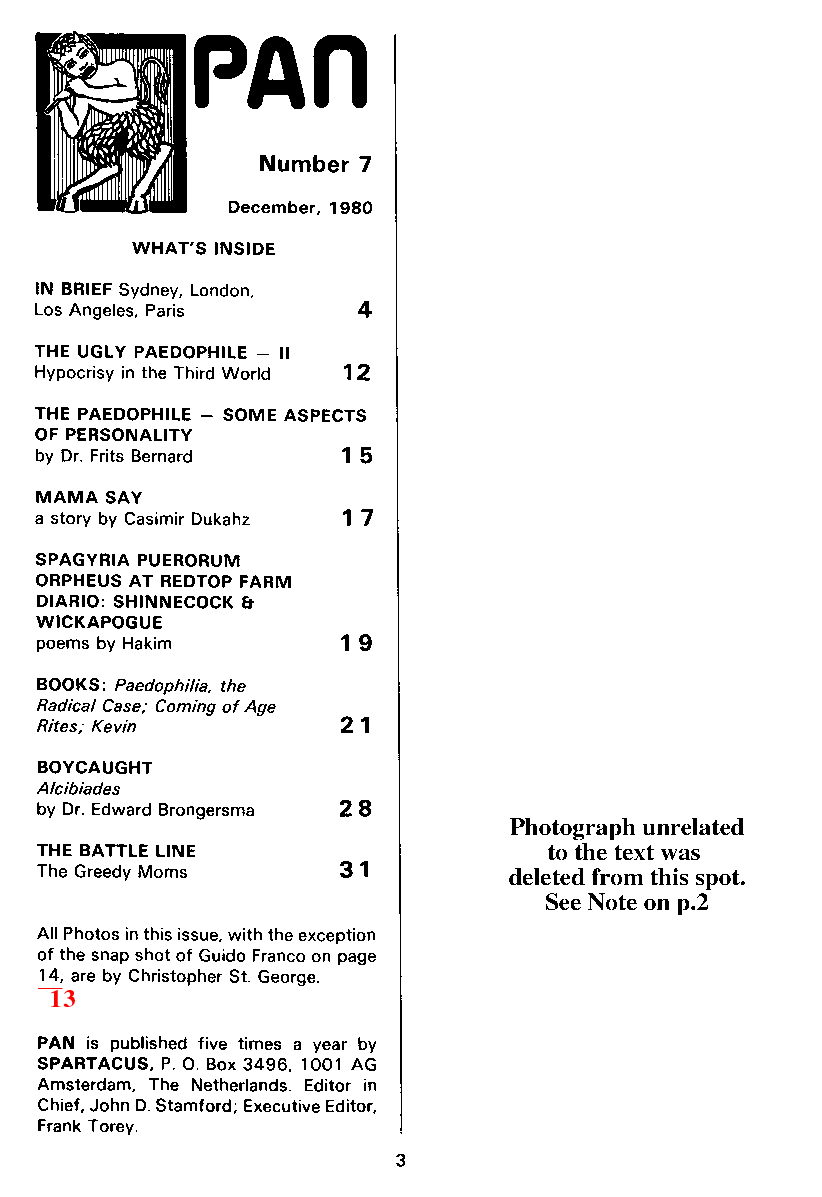 PAN - A Magazine About Boy-Love, Number 7, December 1980, page 3